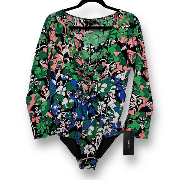Zara Tie Front Deep V Neck Floral Print Bodysuit Womens Size Small Long Sleeve - Picture 1 of 10